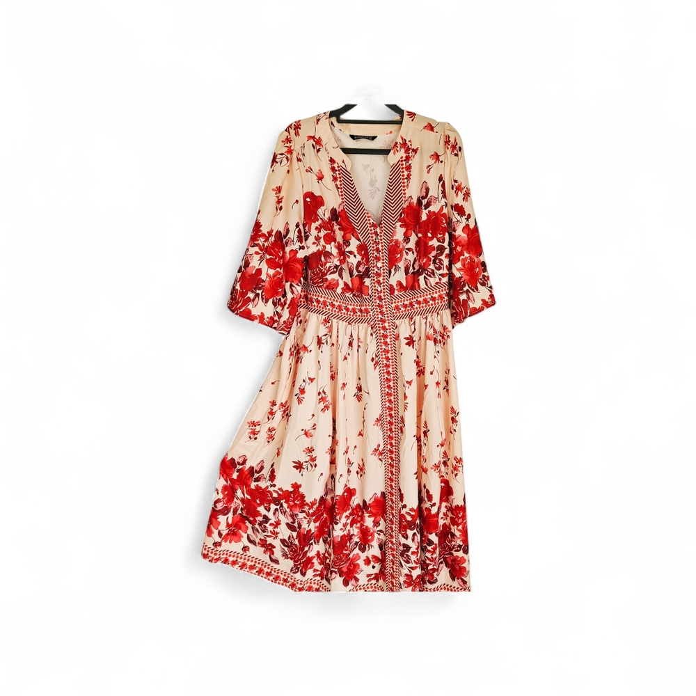 BloomChic Red and Cream Floral Midi Dress - Picture 2 of 3